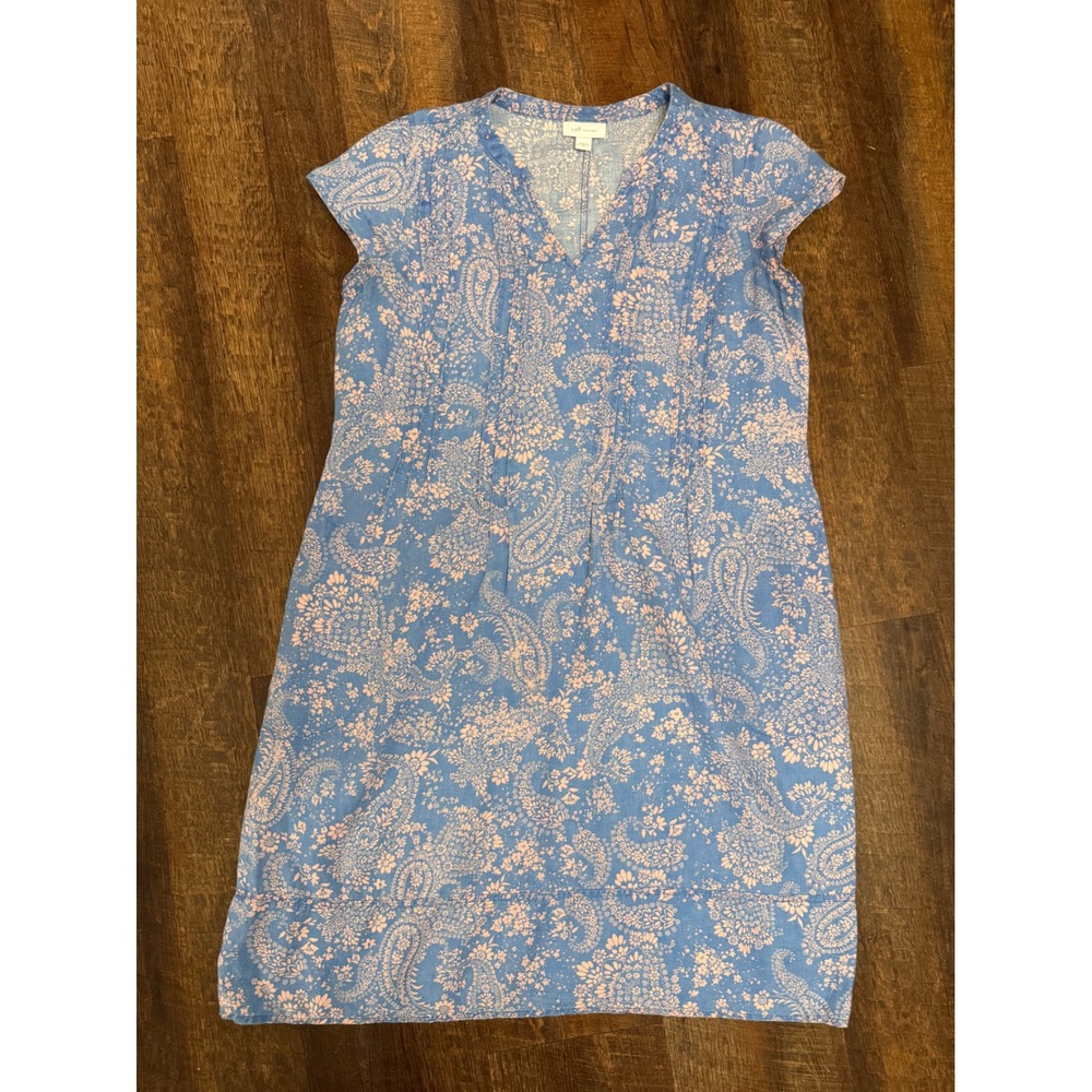 J. Jill Love Linen Dress XS Blue Pink Floral Paisley 100% Linen Pockets